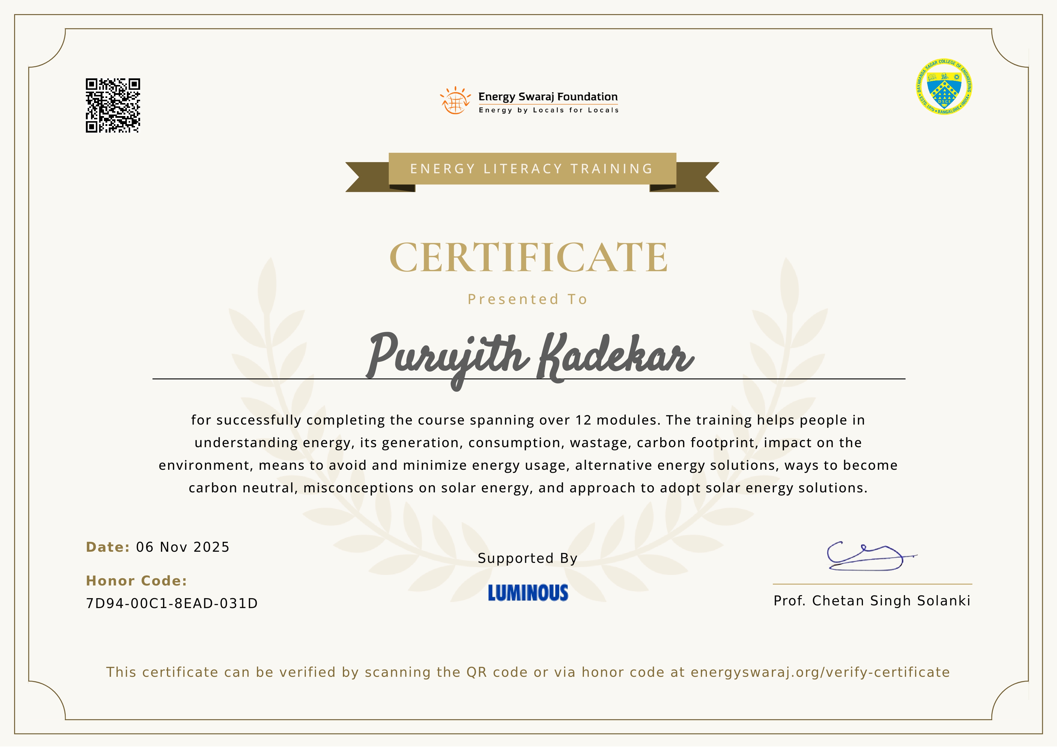 Purujith Kadekar — Energy Literacy Training Certificate 2025