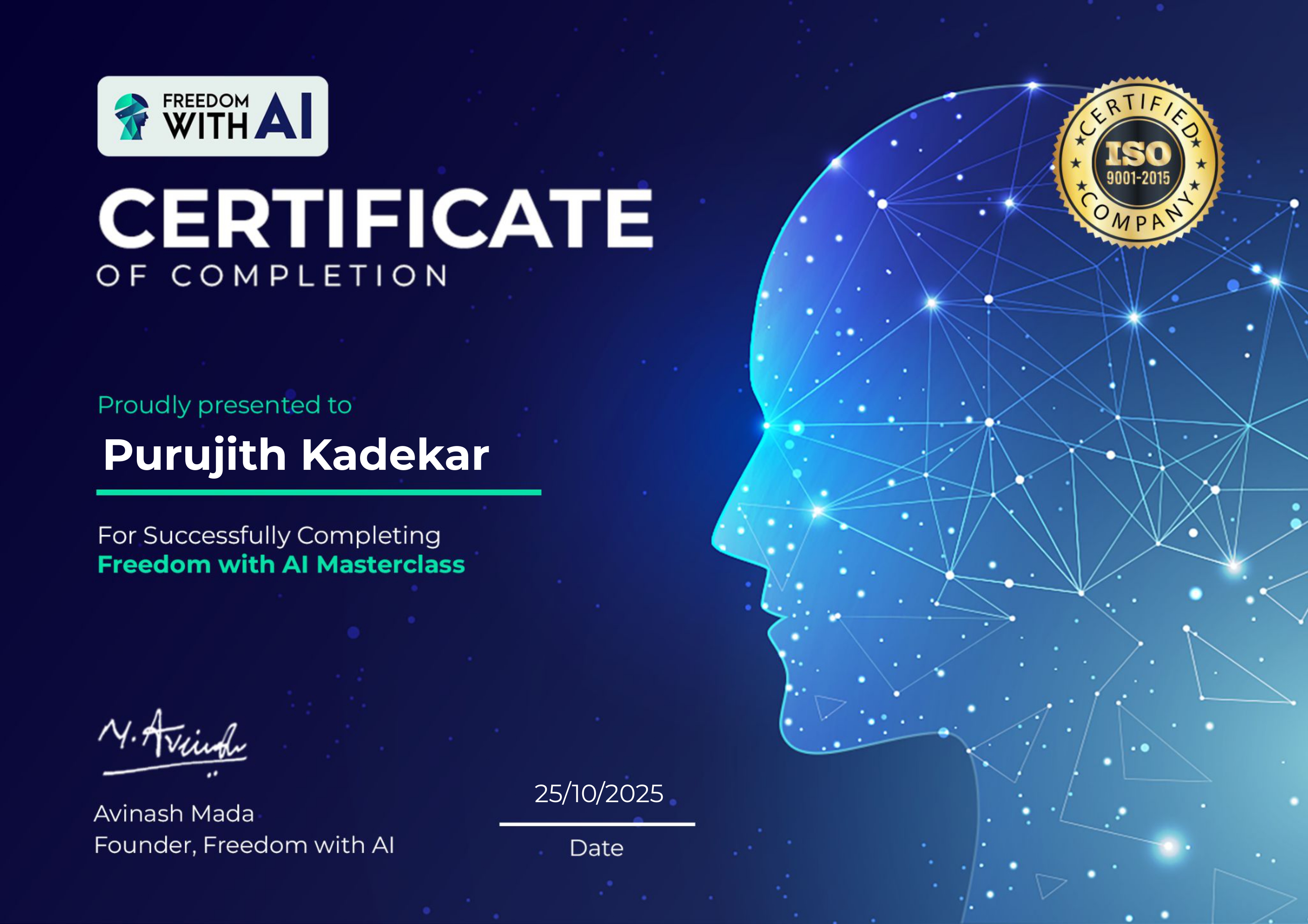 Purujith Kadekar — Freedom with AI Masterclass Certificate 2025