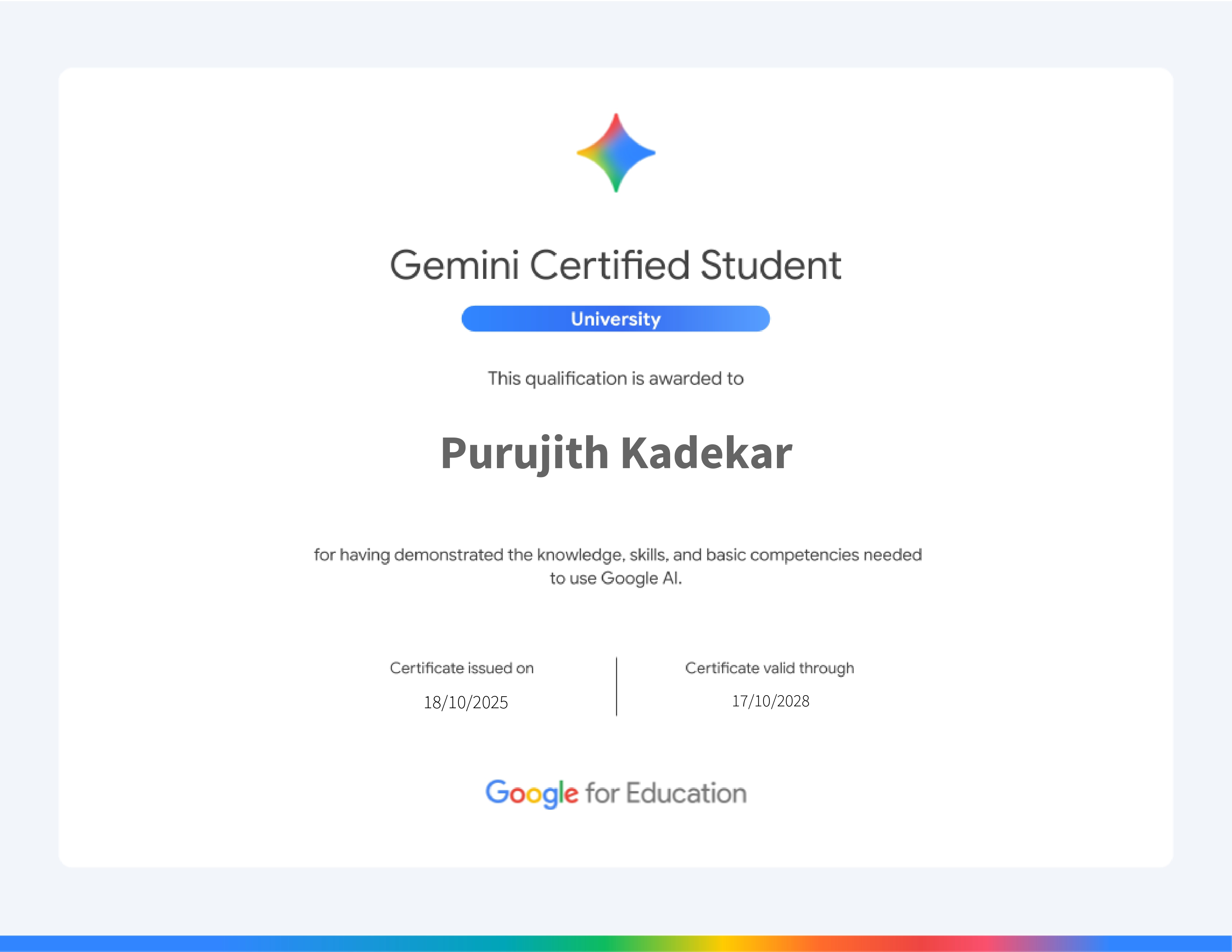 Purujith Kadekar — Gemini Certified University Student by Google 2025