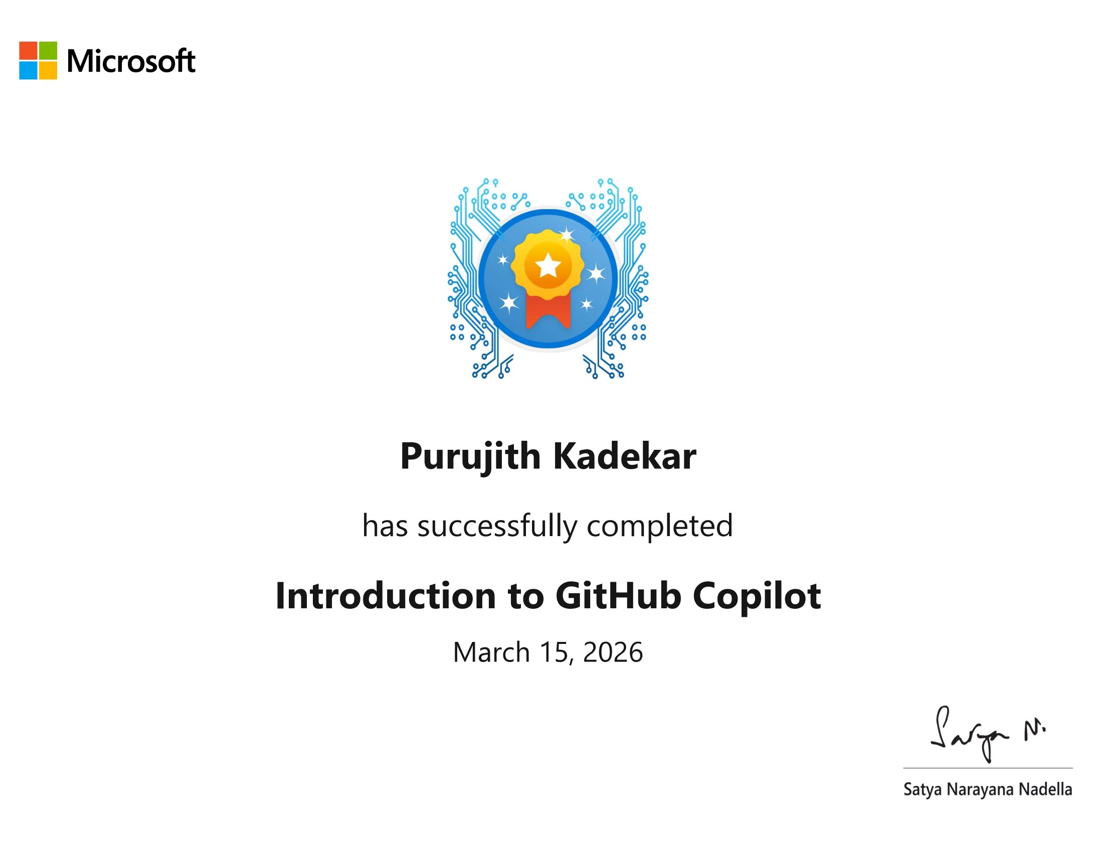 Purujith Kadekar — Introduction to GitHub Copilot Certificate 2025