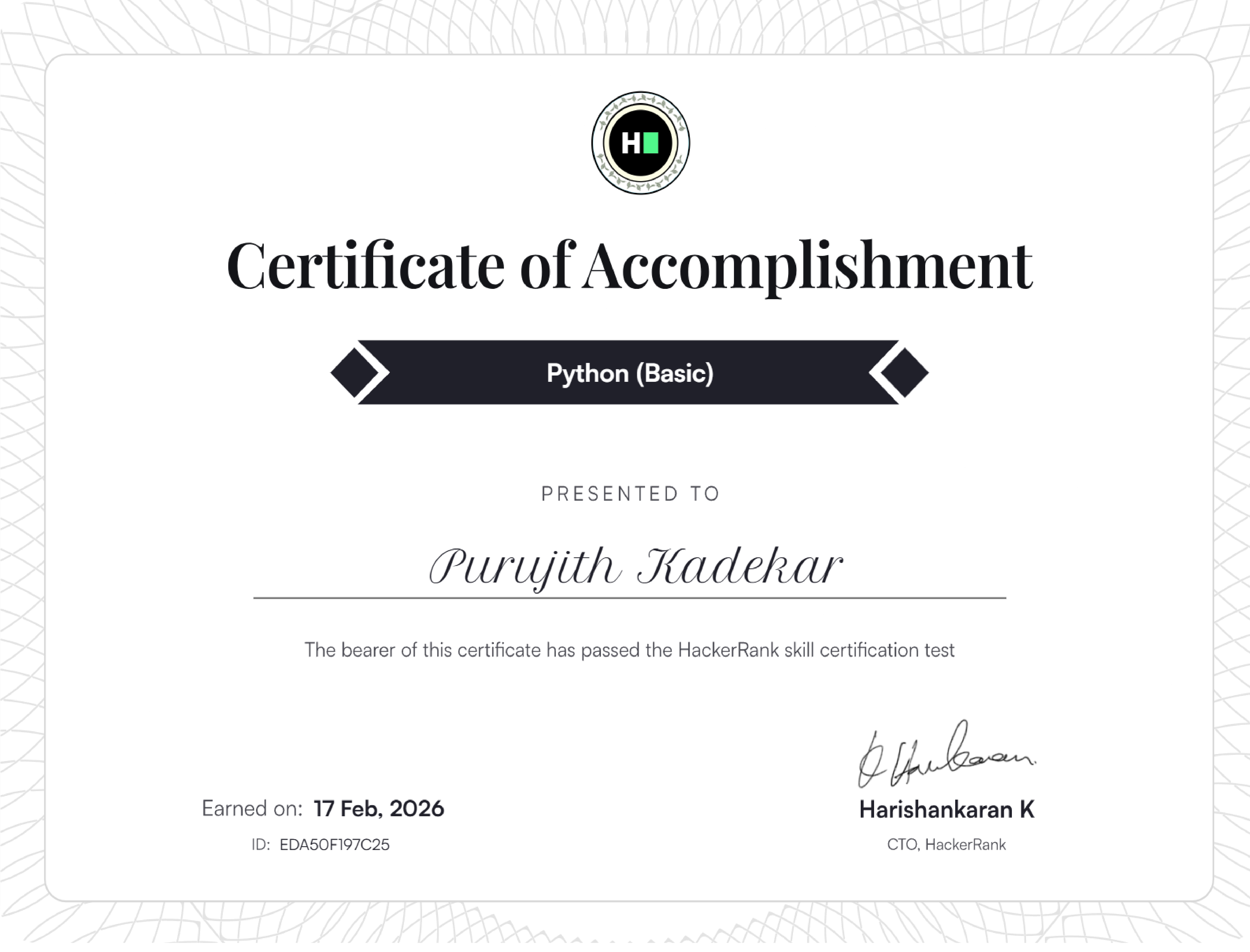 Purujith Kadekar — HackerRank Python Basic Certificate 2025