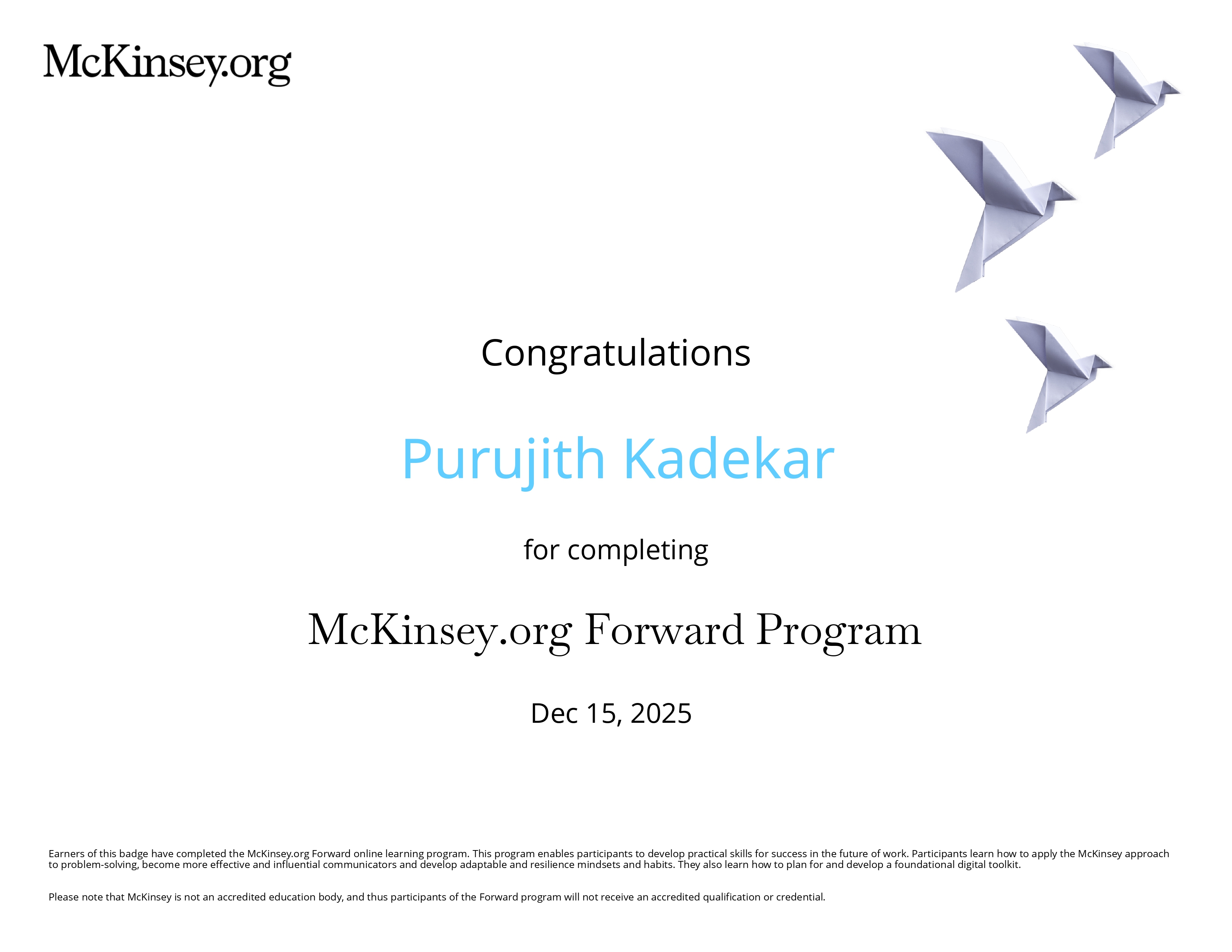 Purujith Kadekar — McKinsey.org Forward Program Certificate 2025