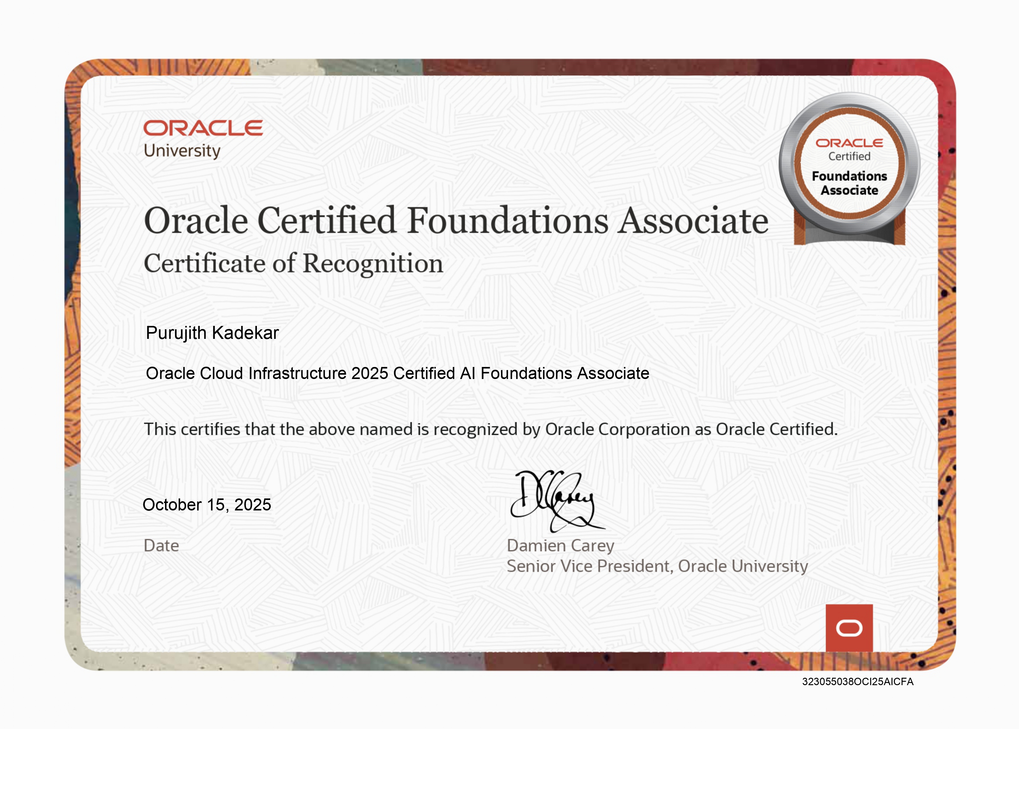 Purujith Kadekar — Oracle OCI 2025 Certified AI Foundations Associate