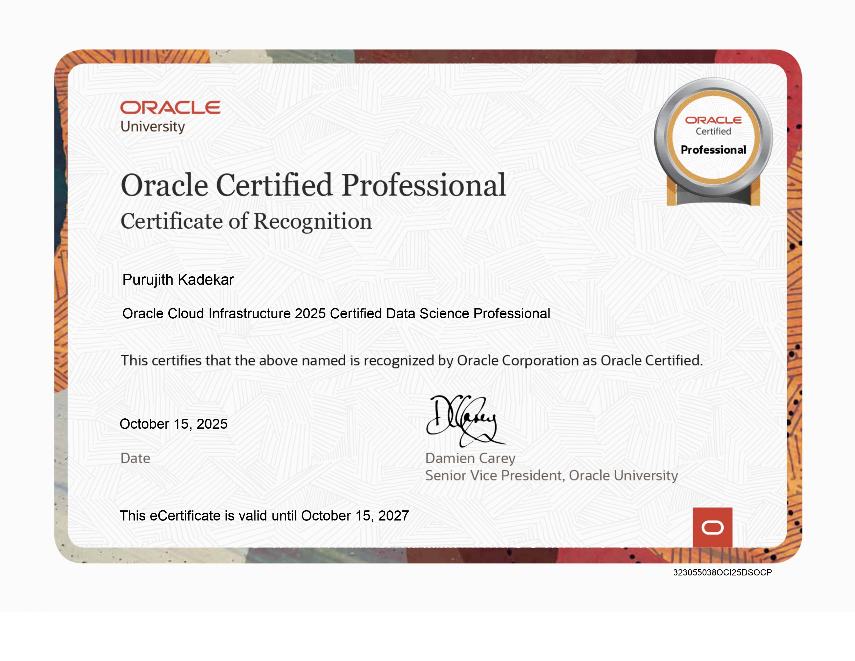Purujith Kadekar — Oracle OCI 2025 Certified Data Science Professional